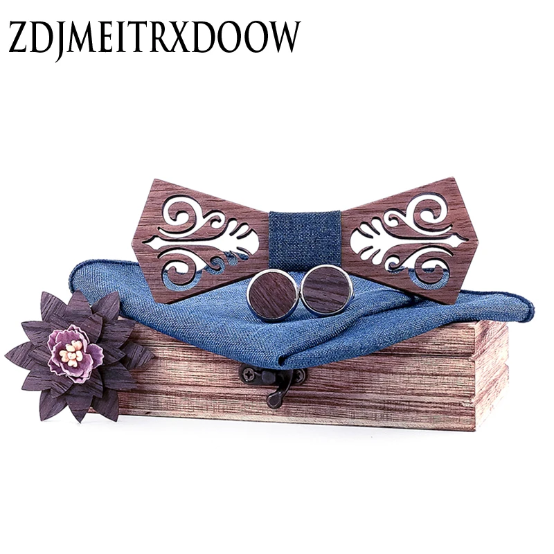

Fashion Cutout Flower Pattern Wooden Bow Tie and Handkerchief Corbatas Cufflinks Gift for Gentleman Brooch Flowers Set