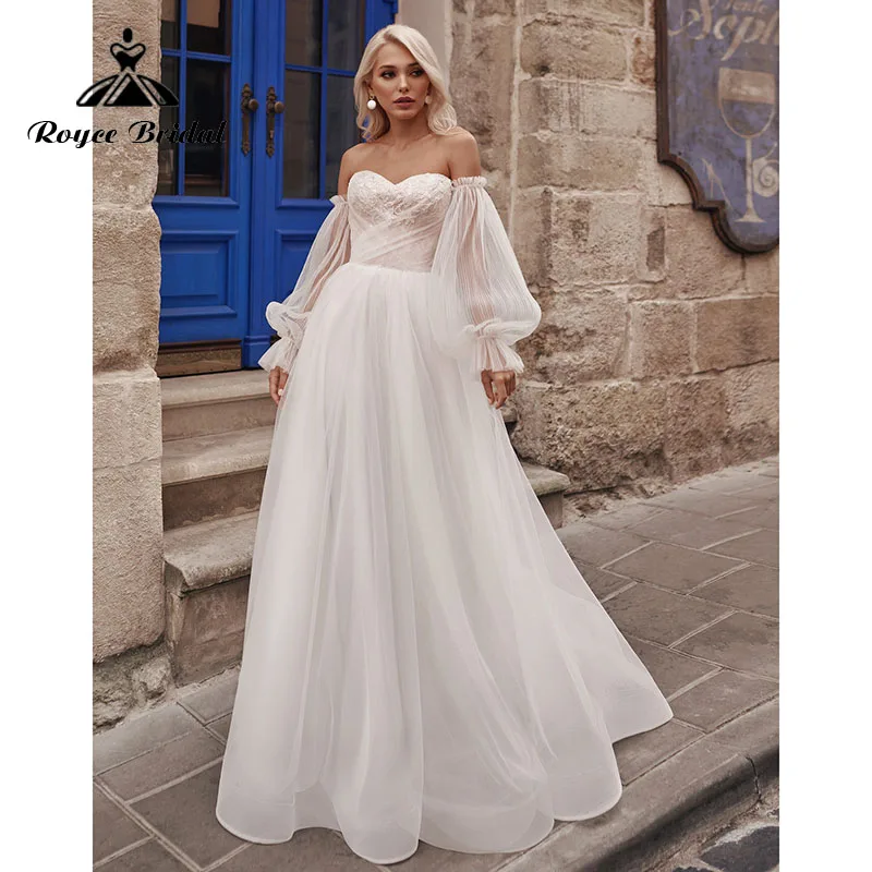 

2022 Elegant Bridal Robe Boho Sweetheart Lace Wedding Dresses with Detachable Puff Sleeve Backless Illusion A Line Roycebridal