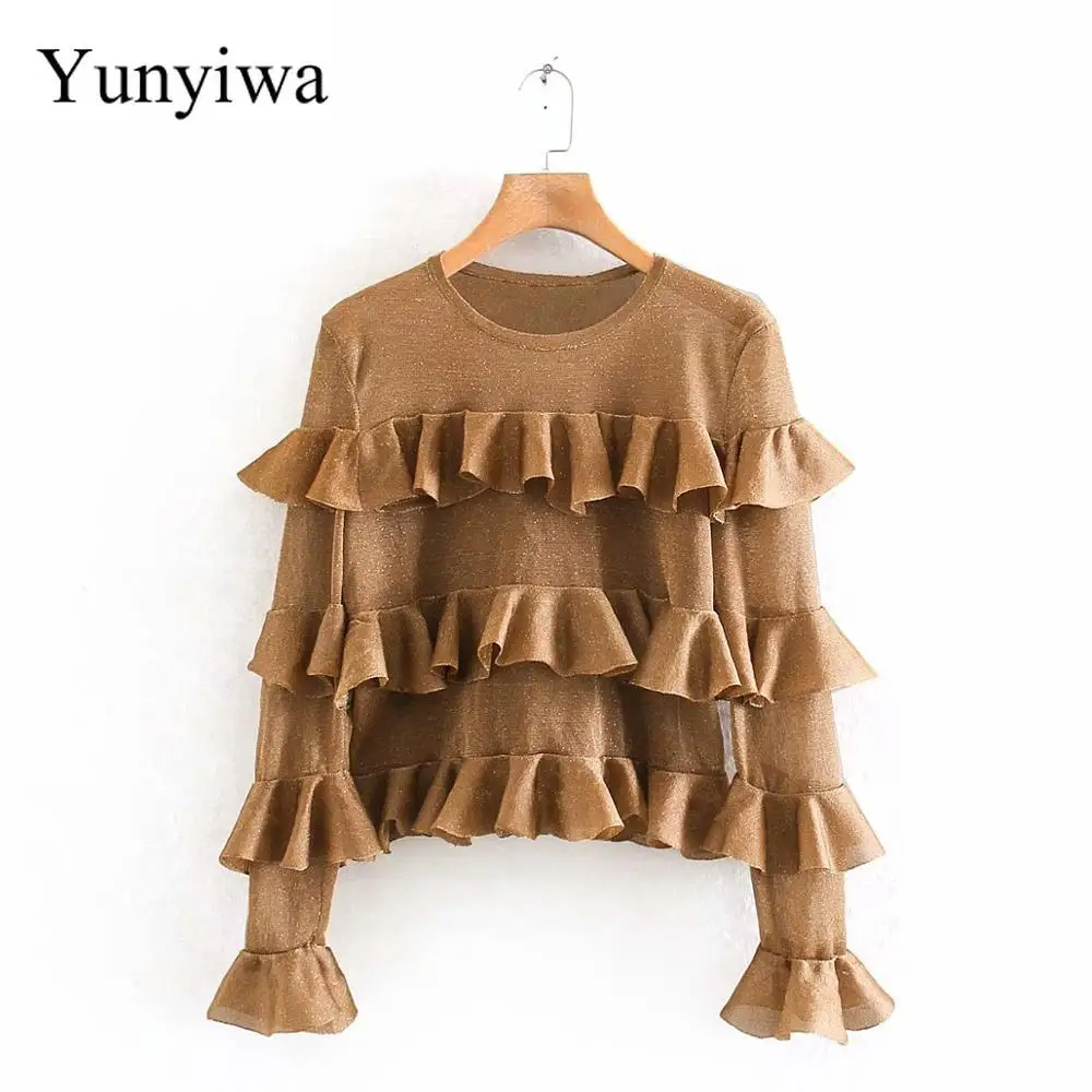 Женская Элегантная блузка с каскадными оборками цвета металлик Повседневная