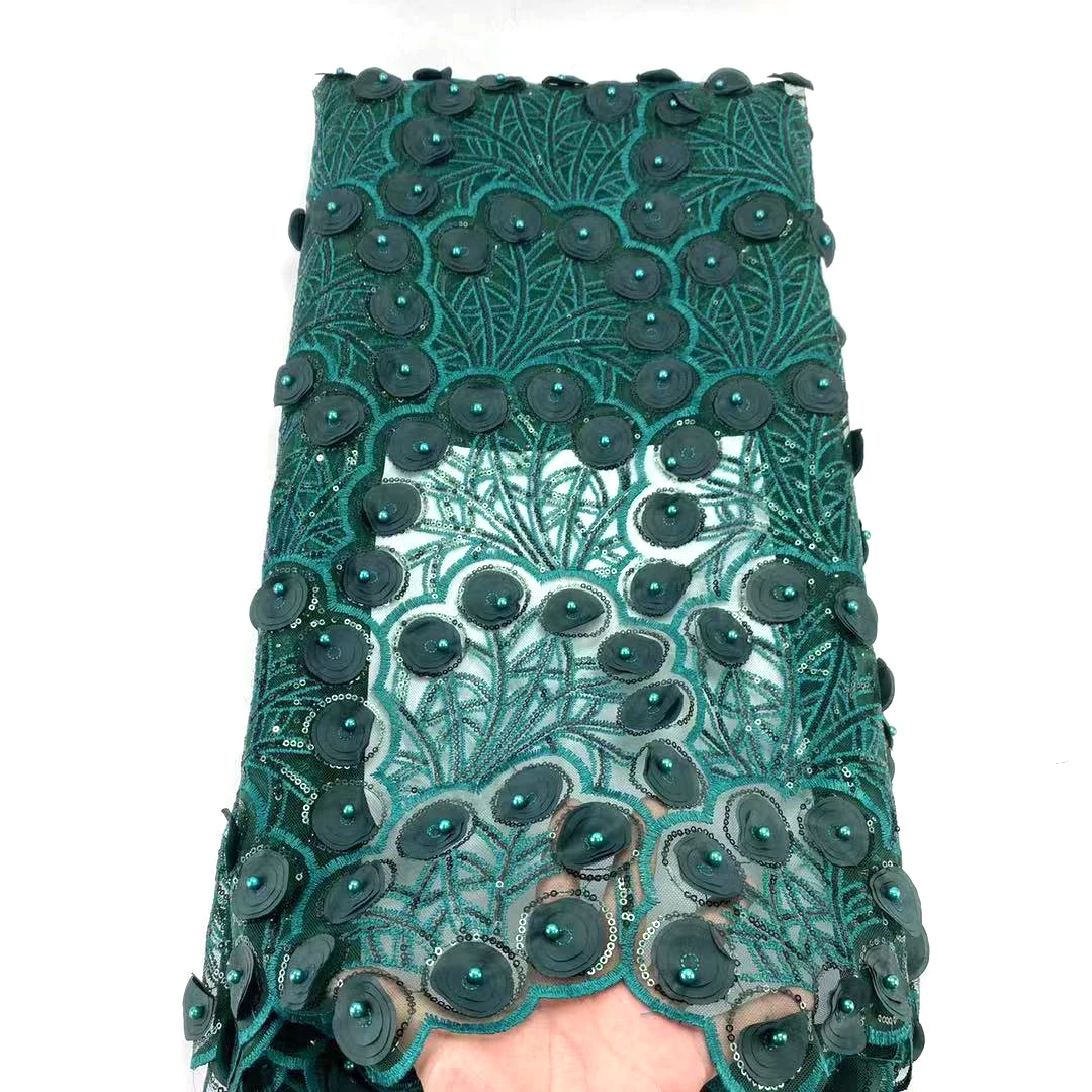 Темно зеленое кружевное платье ткань с вышивкой блестящая французская сетка