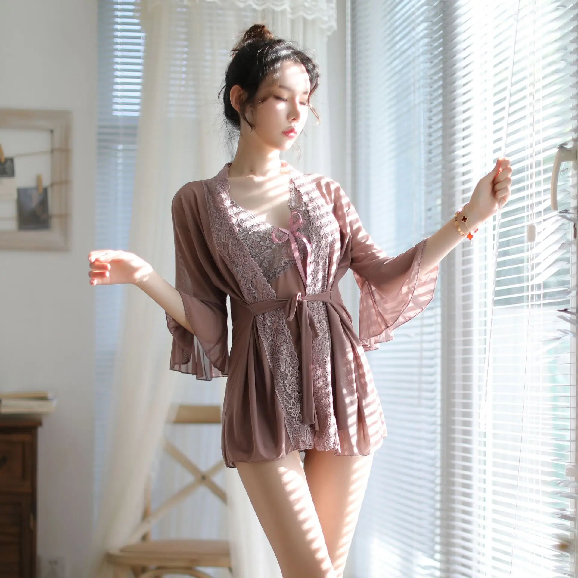 

Woman Sexy Two-piece Pajamas Suspenders Short Skirt Shawl Transparent Temptation Lingerie Set Slutty Clothes Babydoll Lenceria