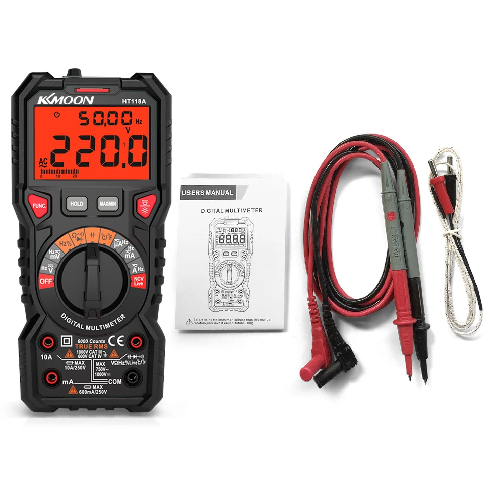 

KKmoon HT118A Multimeter Auto Range Multi-meter 6000 Counts True RMS Measuring AC/DC Resistance Capacitance NCV Test Diode