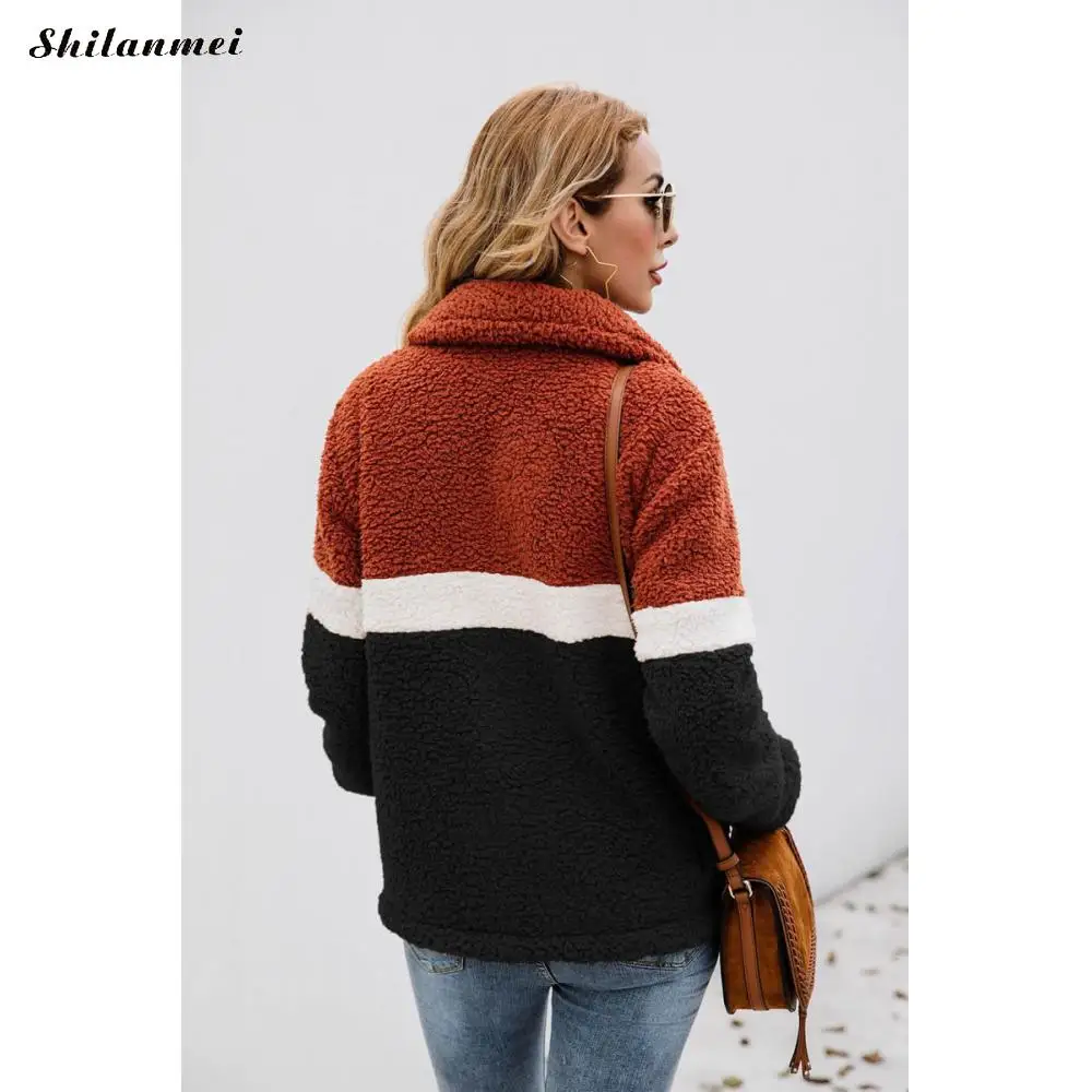 

Patchwork Pullovers Coat Women 2019 England Style Fleece Female Coat Winter Casual Zipper Teddy Coat Retro Plush Jacket Women