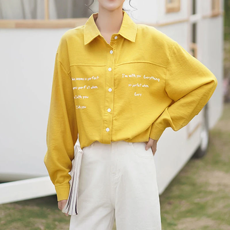 

Women's Spring Autumn Style Cotton Blouses Shirt Letter Printed Turn-Down Collar Long Sleeve Casual Loose Tops DF3890