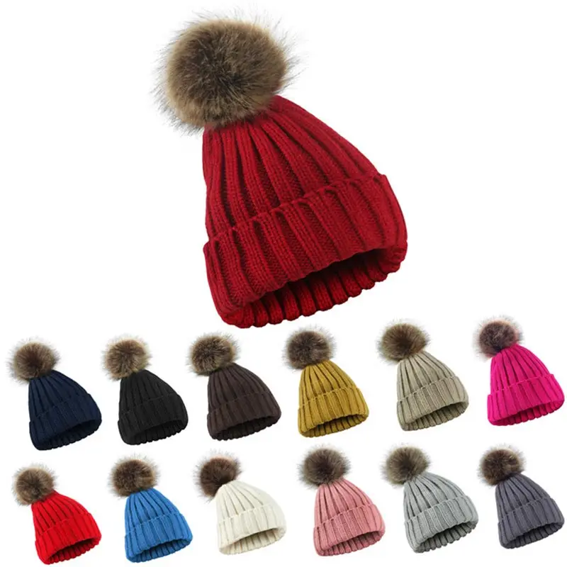 Hot Sale Knitted Womens 14 Colors Faux Fur Ball Beanie Ski Hat Detachable Ladies Winter Unisex Wild Hipster Ball Knit Hat 10PC
