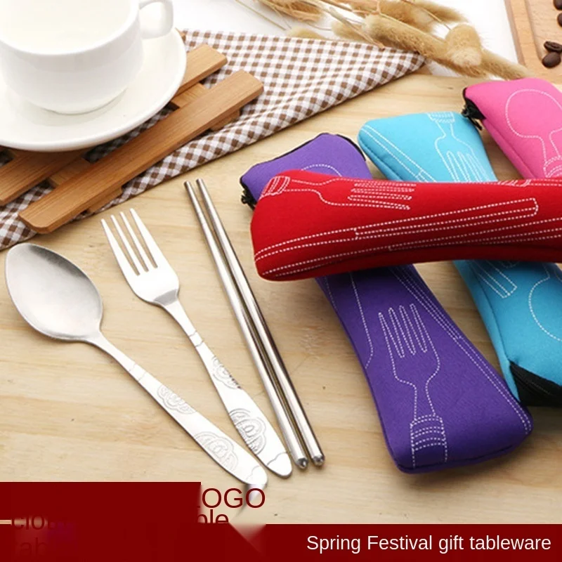 

High-quality fashion bag stainless steel portable cutlery set fork spoon chopsticks three-piece gift best travel essential meal