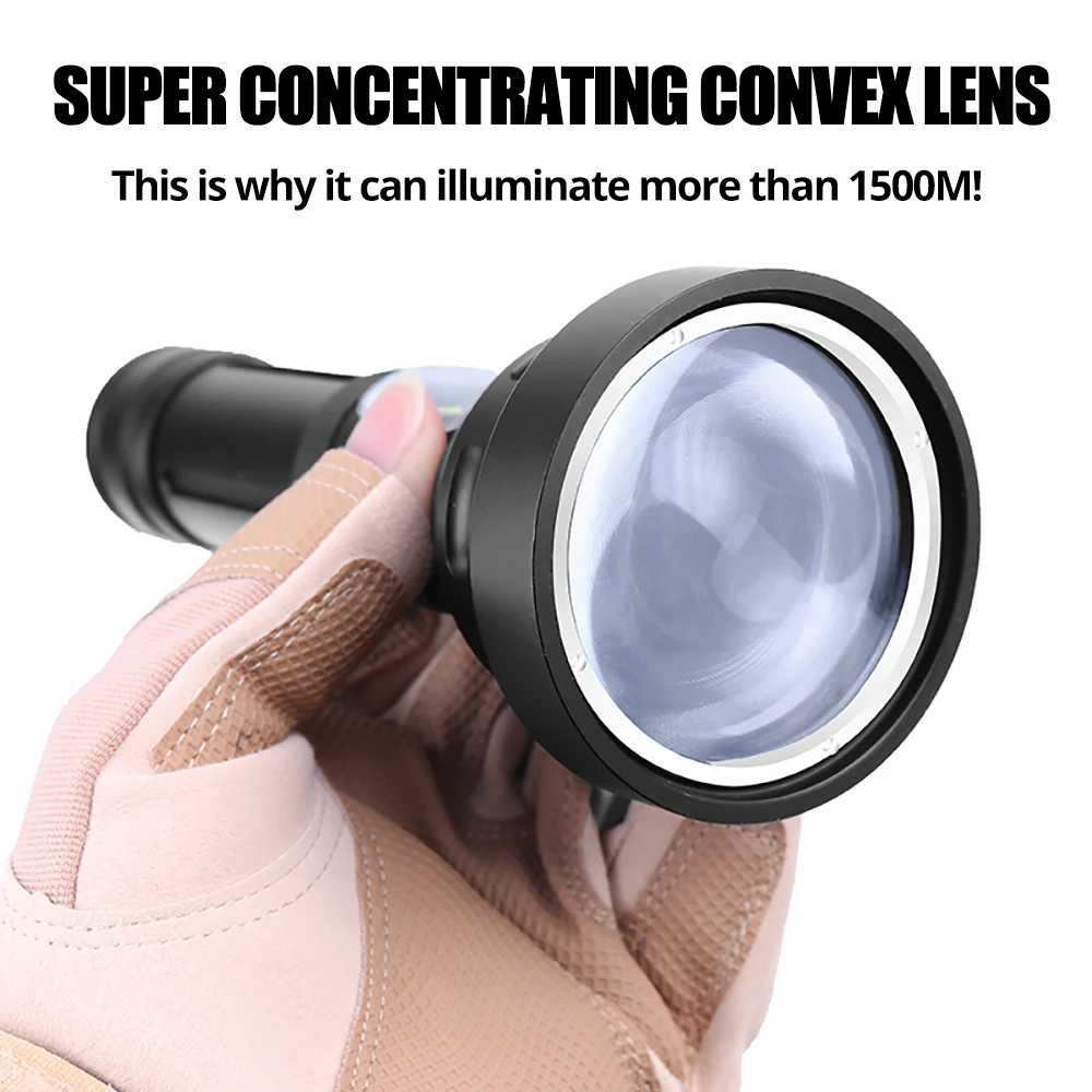 led flashlight with lighting distance over 1500 meters use large convex lens waterproof aluminum alloy searchlight free global shipping