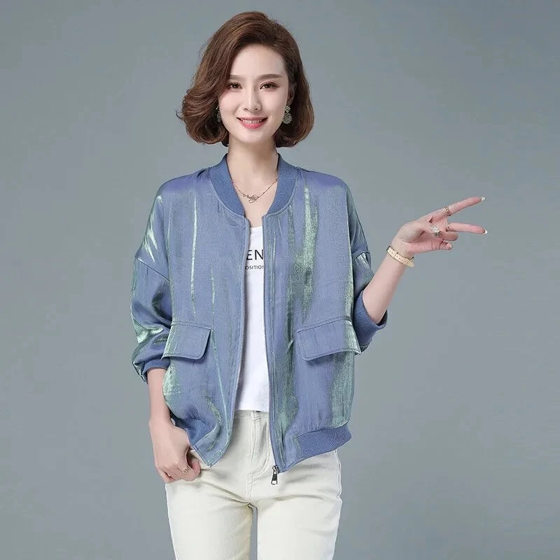 

Shiny Short Jacket For Women Spring Autumn Fashion Loose Baseball Jacket Plus Size Female Thin Casual Cropped Coat Trend Outwear