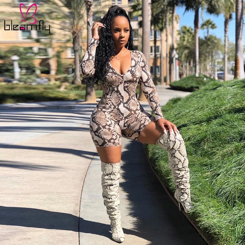 Женский комбинезон со змеиным принтом клубный Облегающий с длинным рукавом и v