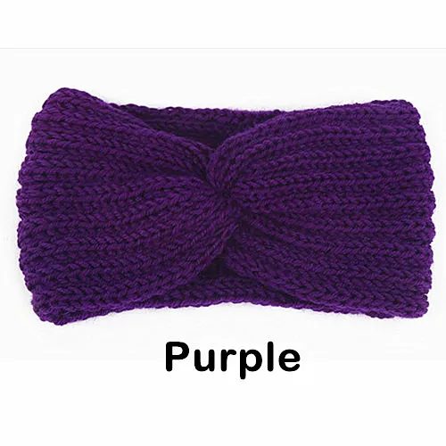 Purple Зимняя теплая вязаная повязка на голову для женщин, шерстяная повязка на голову с вязаным узлом, тюрбан, повязка на голову для ушей, теплые повязки на голову, женские аксессуары для волос - Цвет: Purple