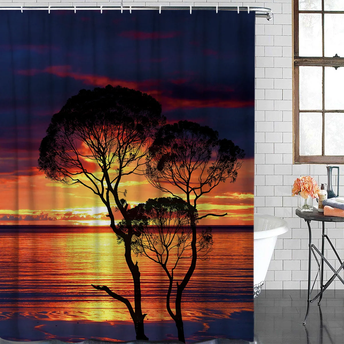 

The Shadows of Dusk on The Sea and The Silhouettes of Trees Shower Curtains Meditation Design Bathroom Shower Curtain