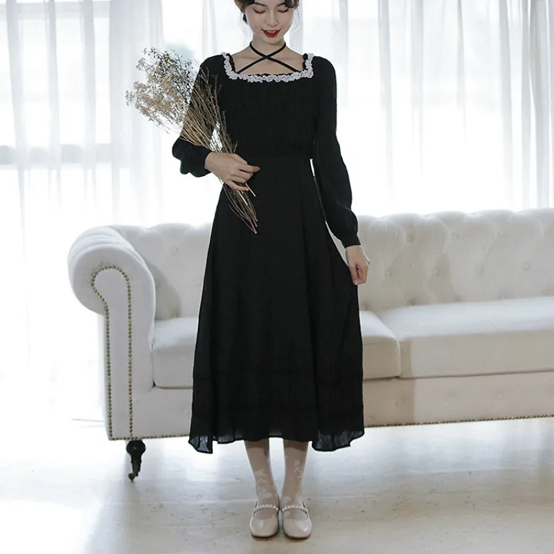 

Autumn Vintage Gothic Lolita Dress Women Square Collar Lace-Up Long Sleeve Black Dress Spring Girls Punk Style Party Dresses