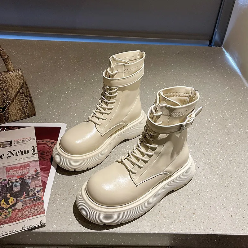 2022 winter new women's sports ankle boots thick-soled motorcycle boots flat shoes fashion lace-up casual PU leather shoes