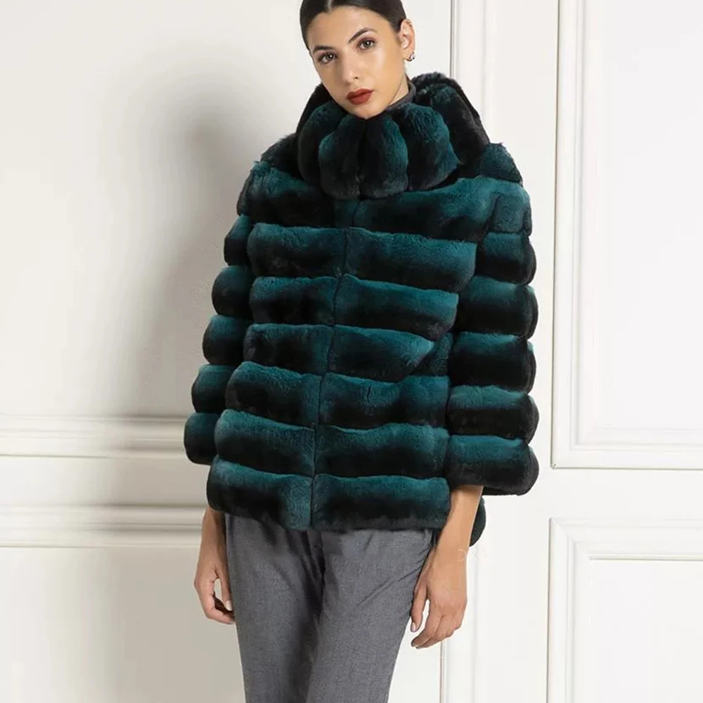 Fashion Green Natural Rex Rabbit Fur Jacket Stand Collar High Quality Natural Full Pelt Genuine Rex Rabbit Fur Coats Outwear