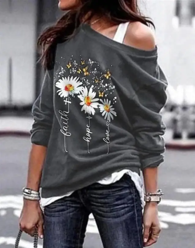 

Ladies Daisy Print Round Neck Long Sleeve T-shirt Long Sleeve Sweater Pullover