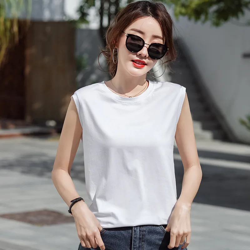 

2021 summer loose and thin hot style Korean fashion casual sleeveless cotton round neck ladies T-shirt vest N186