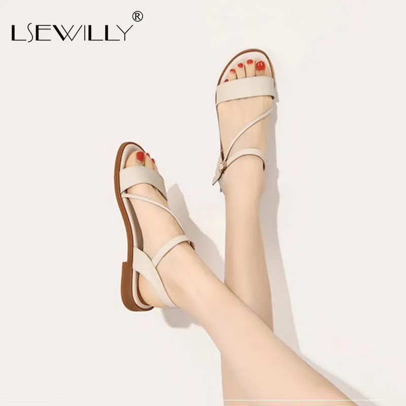 

Lsewilly 2020 big size 33-43 soft leather ladies shoes buckle simple summer sandals comfortable casual shoes women flat sandals