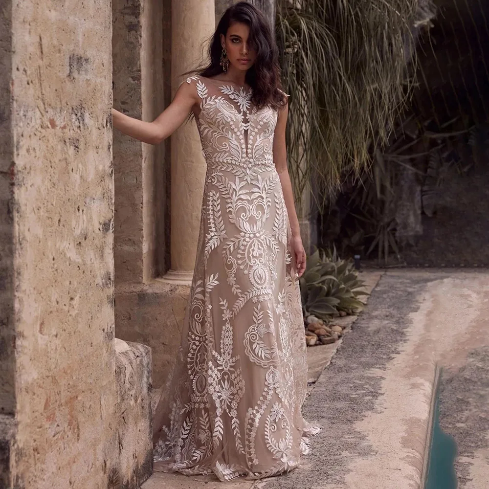 

Wedding Dress Illusion Lace Cap Sleeves See Through Champagne Beach Unique Elopement Bridal Gown 2021New Top Quality Custom Made
