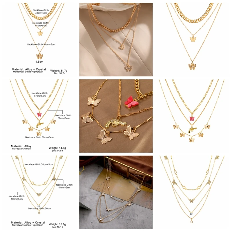 

UMKA Multilayer Necklaces For Women Men Gold Sliver Color Butterfly Portrait Crystal Cross Chokers Necklace New Jewelry Gift