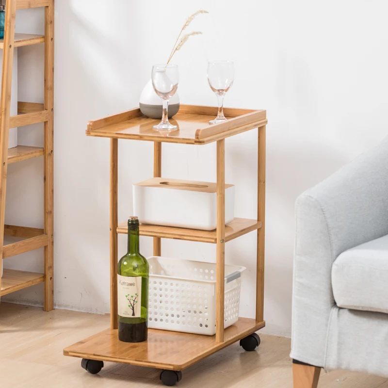 

Natural bamboo multi-layer coffee table living room small table Side cabinet modern removable sofa storage rack with wheels