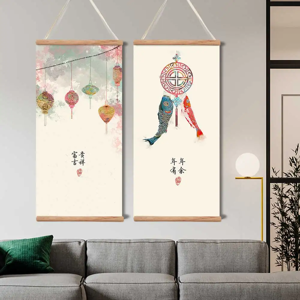 Настенное украшение в китайском стиле с изображением рыбок и планшетов постер на