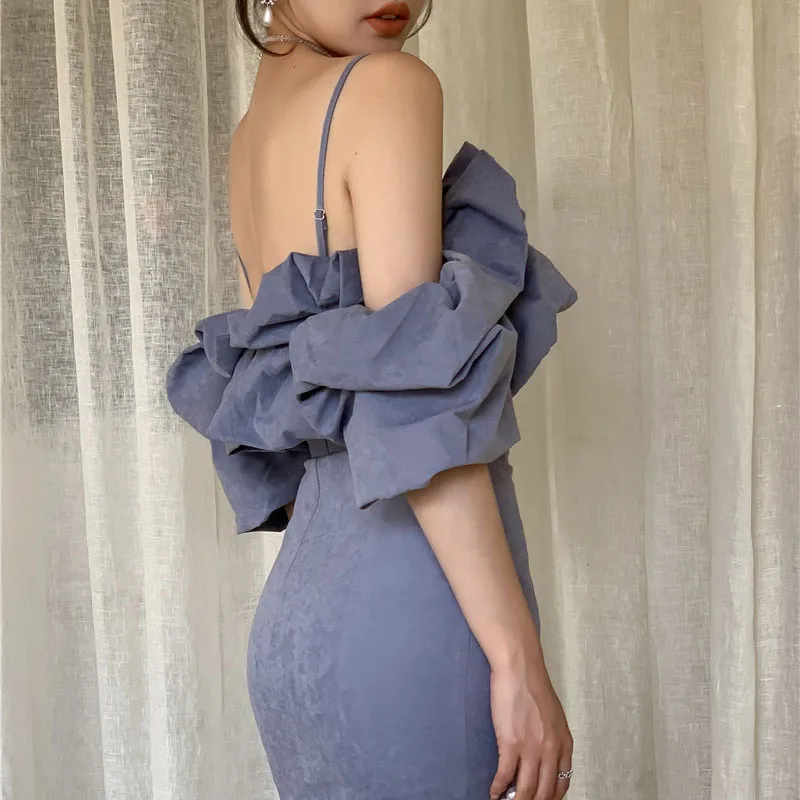 

Sexy Fashion Slim High Waist Purple Thin Shoulders Strap Dress Women Mini Short Pull Sleeve Slash Neck Off Shoulder Chic Dress
