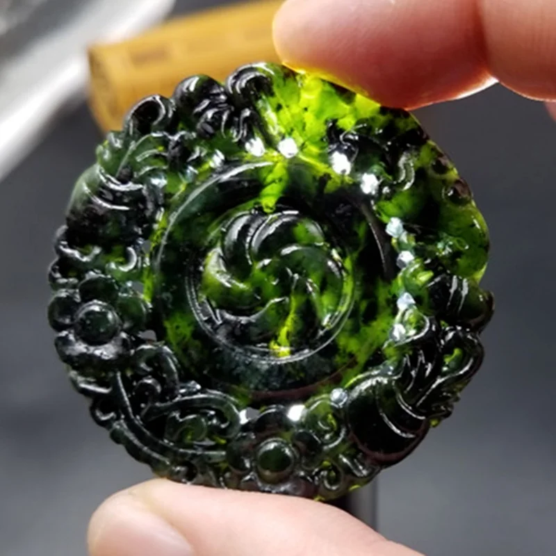 

Natural Chinese Black Ink Jade Hand Carved Hollow Flower Pendant Fashion Boutique Jewelry Men and Women Necklace GiftAccessories
