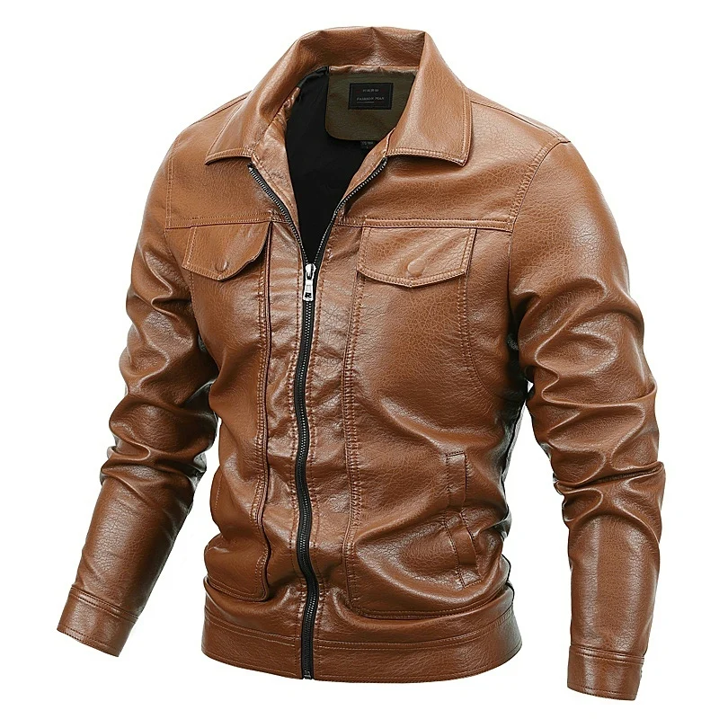 

2022 Men Autumn Brand PU Vintage Leather Jacket Men Spring Motor Biker Pocket Fleece Faux Jacket Male Winter Warm Outwear