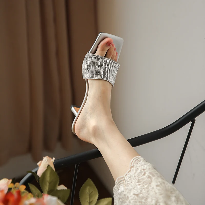 

QUTAA 2021 Women Slides Summer Crystal Microfiber Basic Sandals Fashion High Heel Slip On Female Shoes Size 34-39