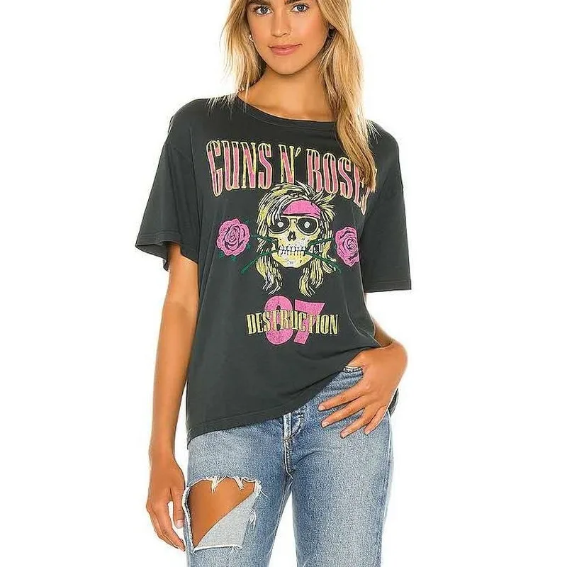 

Black Skull Letters Print Tee Tops Women Casual Vintage Summer Fashion Streewear O-Neck Loose Harajuku Short Sleeve Tops