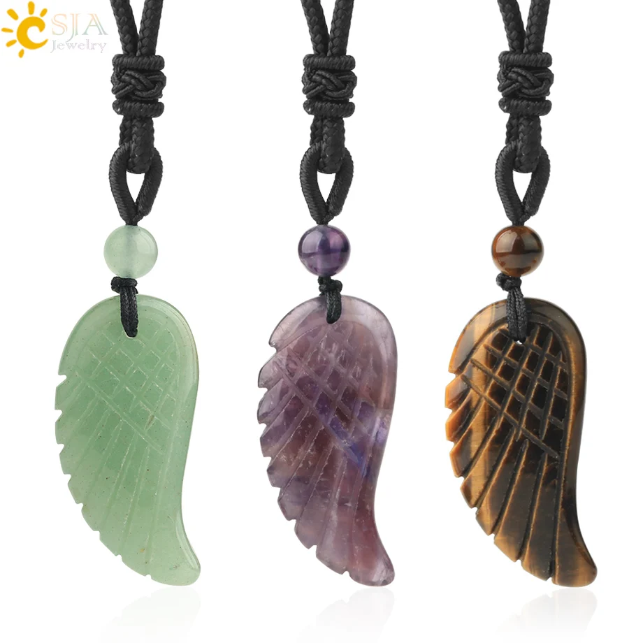 

CSJA Natural Gem Stone Necklace Pendant Angel Wing Necklaces Green Aventurine Tiger Eye Purple Crystal Quartz Men Jewelry G695