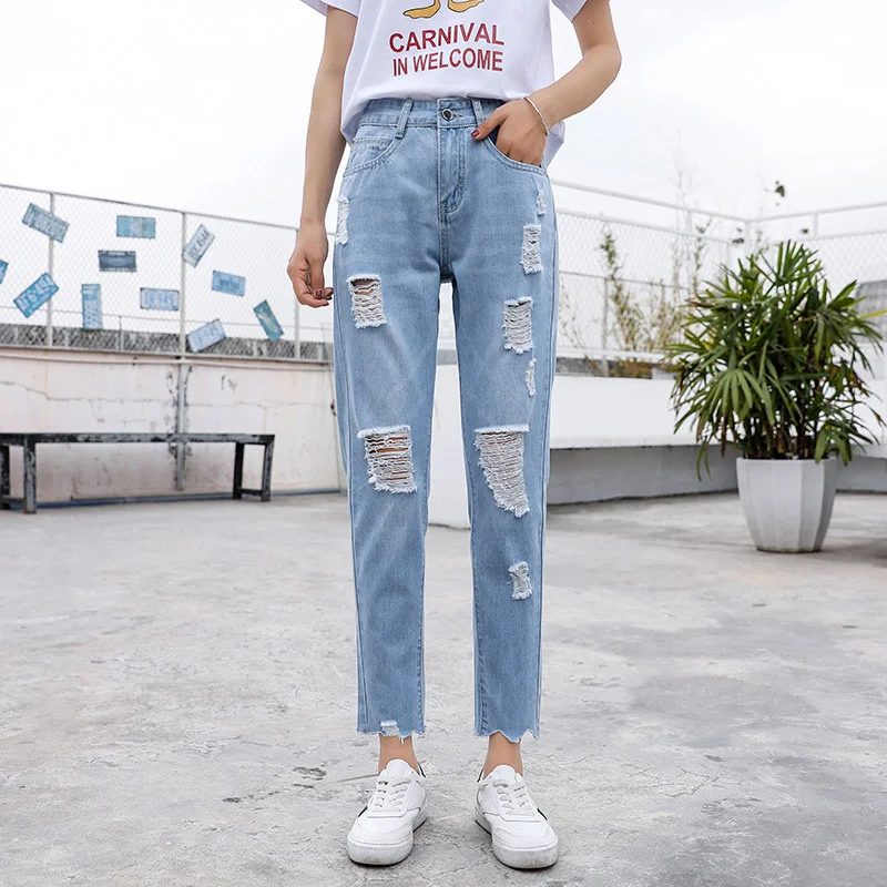 

Женские рваные джинсы, универсальные прямые свободные брюки в Корейском стиле с высокой талией, весна-лето 2021