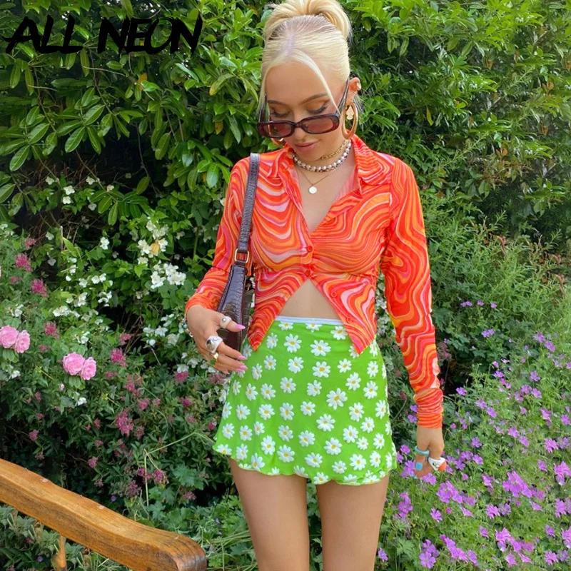 

ALLNeon 90s Aesthetics Sexy Ripple Print Mesh Shirts Vintage Single-breasted Transparent Orange Long Sleeve Tops Retro Slim Tees