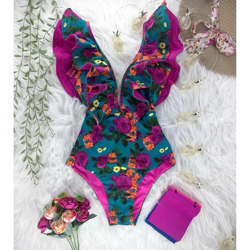 Сексуальный цельный купальник 2020 женский с v-образным вырезом однотонная пляжная