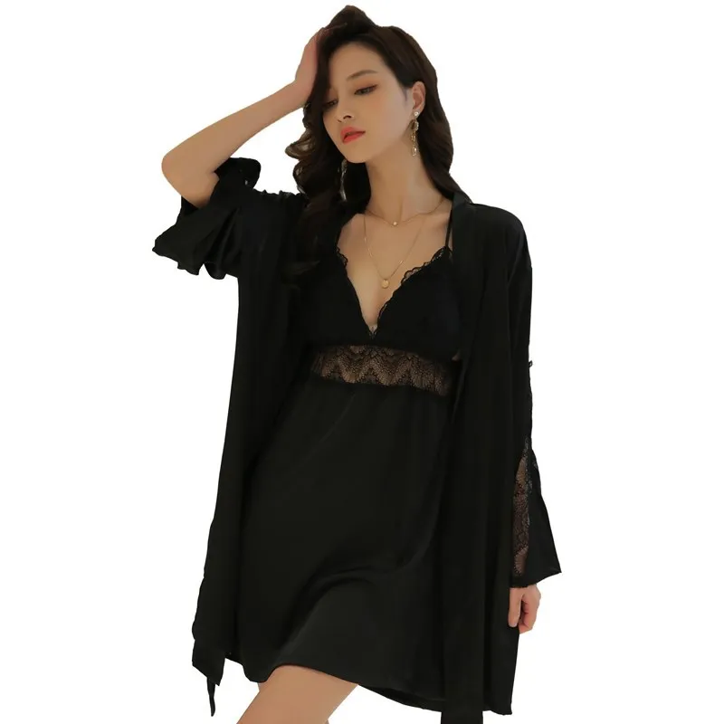 

2021 Fashion Nightgowns Pajamas For Women Satin Sling Nightdress Long Sleeve Sexy Lace 2 PCS Homewear Leisure Sleepwear Pijamas