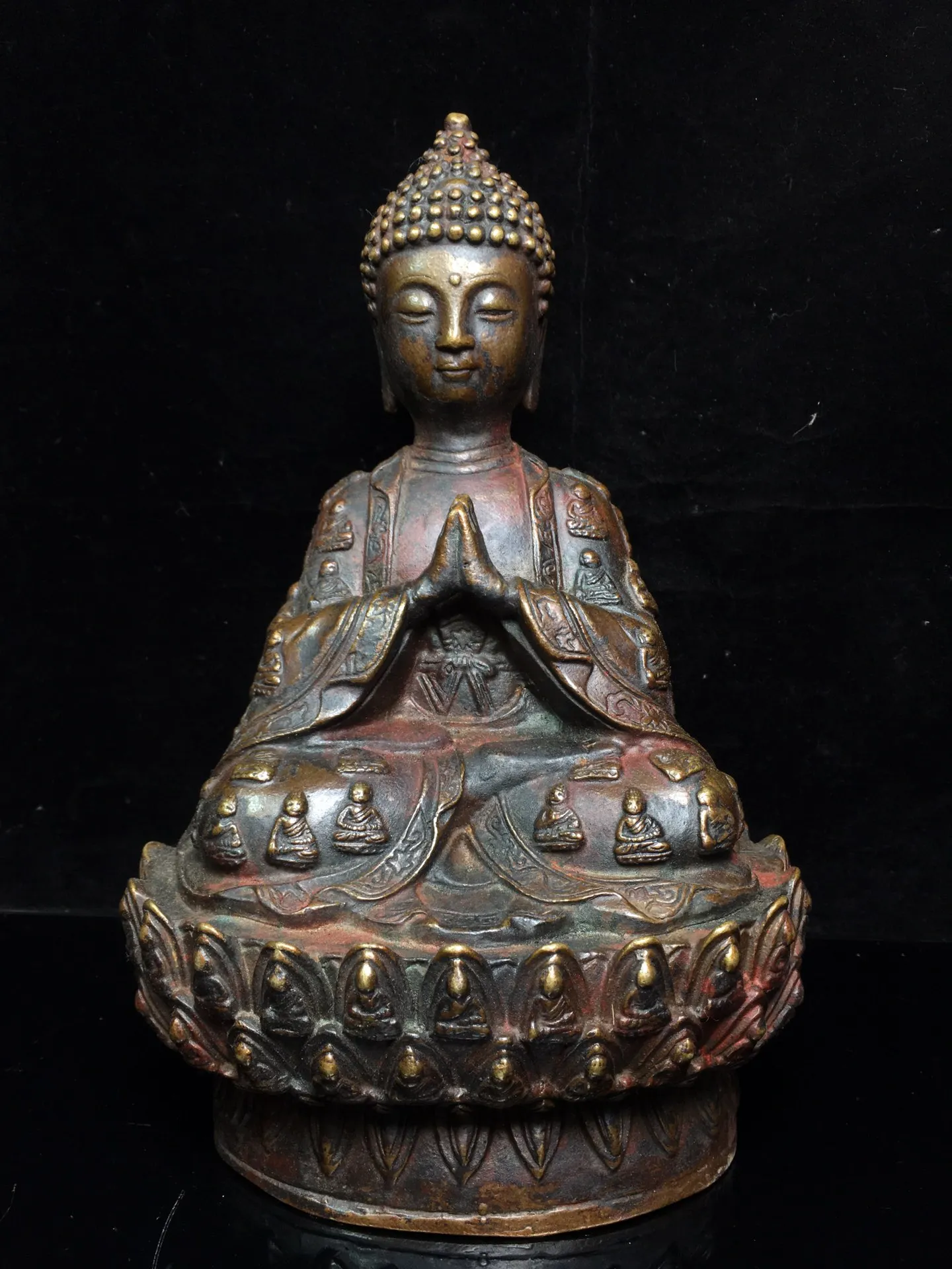 

10"Tibetan Temple Collection Old Bronze Cinnabar Lacquer Buddha in Buddha One Thousand Buddhas Amitabha Sitting Buddha Ornaments