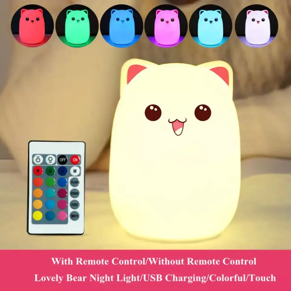 

Touch Sensor Colorful Cat LED Night Light Remote Control RGB Silicone USB Rechargeable Bedroom Bedside Lamp for Children Baby