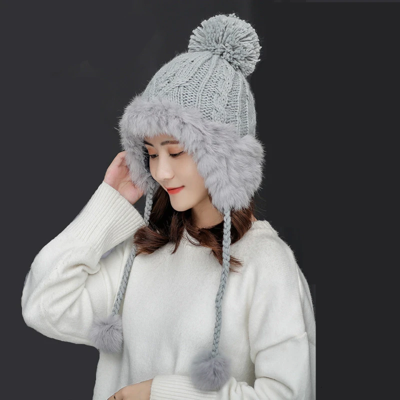 Простые шапки-ушанки женская вязаная шапка из натурального кроличьего меха с