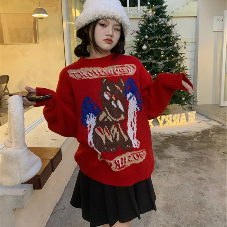 

Новинка Осень-зима 2021, модный Рождественский Свободный пуловер, яркий тонкий свитер для отдыха с круглым вырезом, красный утепленный свитер...