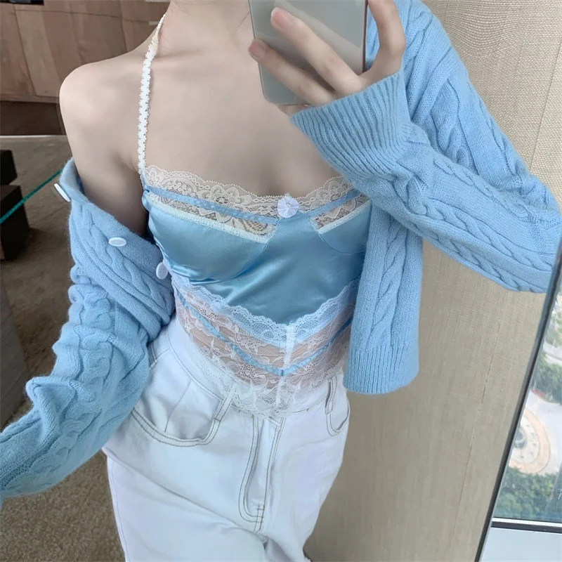 

Summer 2021 New Sexy Short Lady Lace Halter Neck Tops Camis YOU170