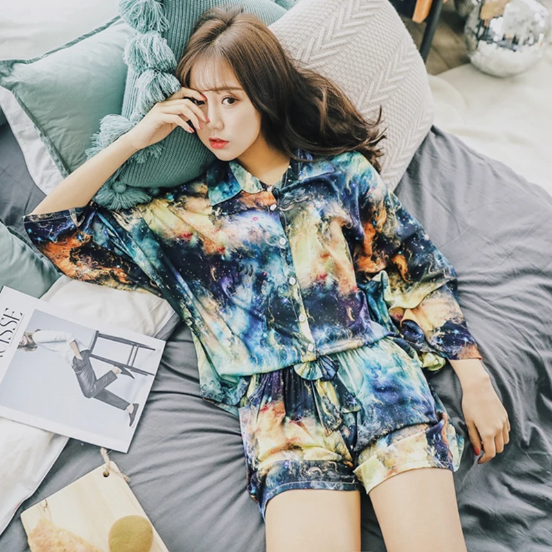

Fashion Pajamas Women Floral Printed Summer Pajamas Sleepwear Casual Soft Satin Pyjama Silk Nightwear Star Homewear