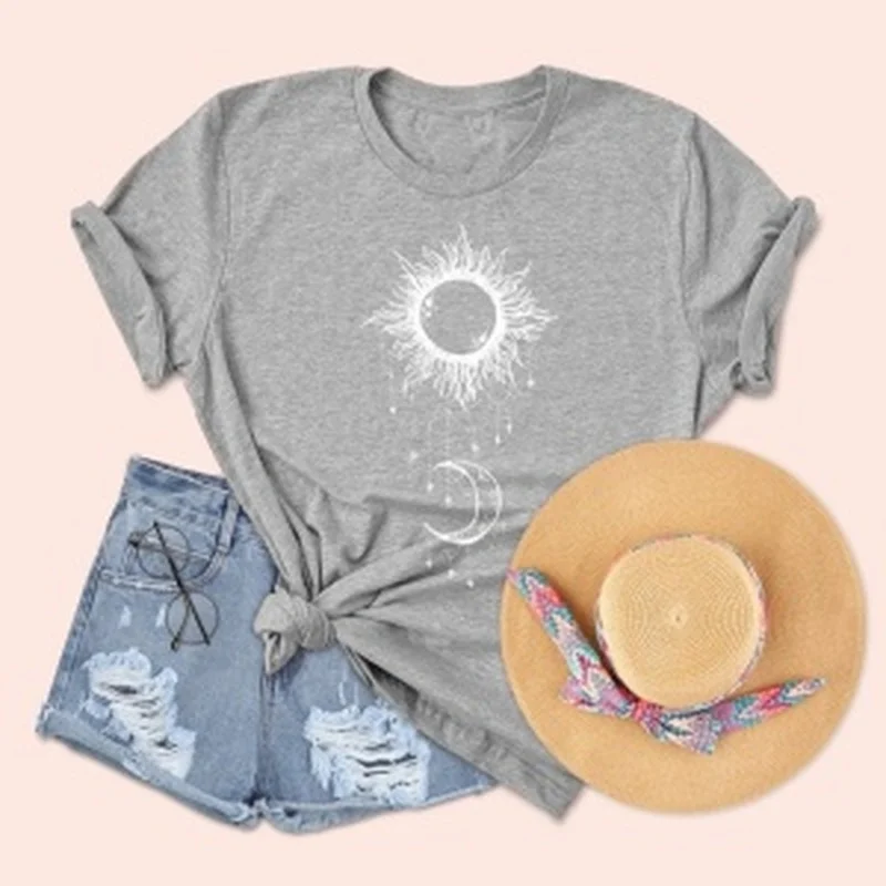 Женская серая футболка размера плюс 5XL с принтом солнца и круглым вырезом 2020