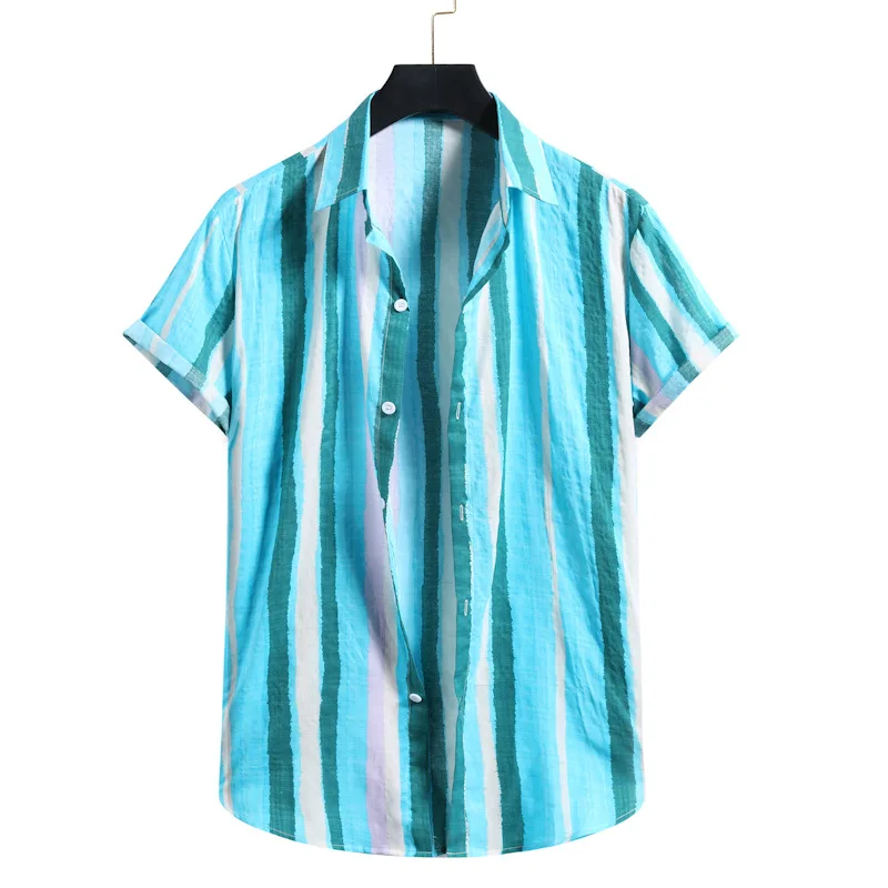 

Гавайская рубашка мужская с воротником-стойкой, Повседневная тонкая сорочка с коротким рукавом, с принтом в полоску, классическая одежда, л...