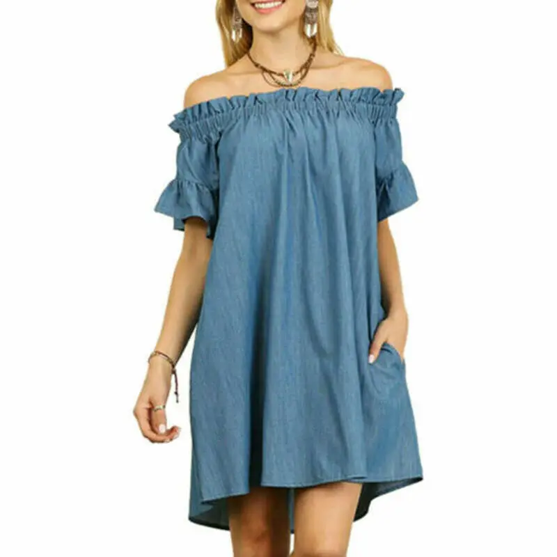 Женские плиссированные джинсовые платья Дамские летние свободные туники