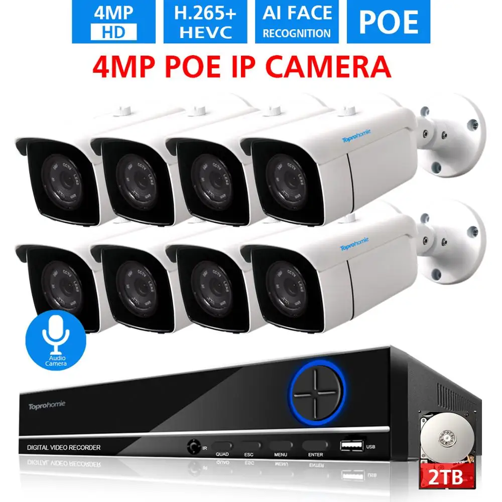 Система наружного видеонаблюдения TOPROHOMIE H.265 + 8 каналов 5 МП HDMI POE NVR AI аудио 4 onvif|poe