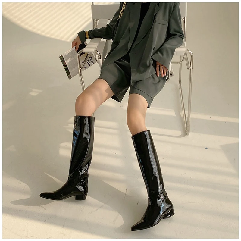

2020 New INS Women Knee-high Women Boot Shoes Low Heel Slip On Long Boots Brand Designer Pointed Toe Chelsea Boots