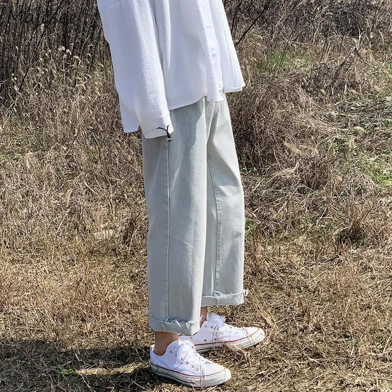 

Men Jeans Ankle-length Denim Ripped Korean Style Oversize Chic Casual Fashion Retro Vintage Streetwear Hip-hop Solid Simple Mens