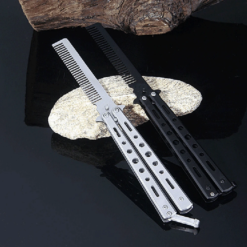 

Butterfly Knife Comb Stainless Steel Folding Training Comb Beard Mustache Brushes Butterfly Knife Hairdressing Styling Tool
