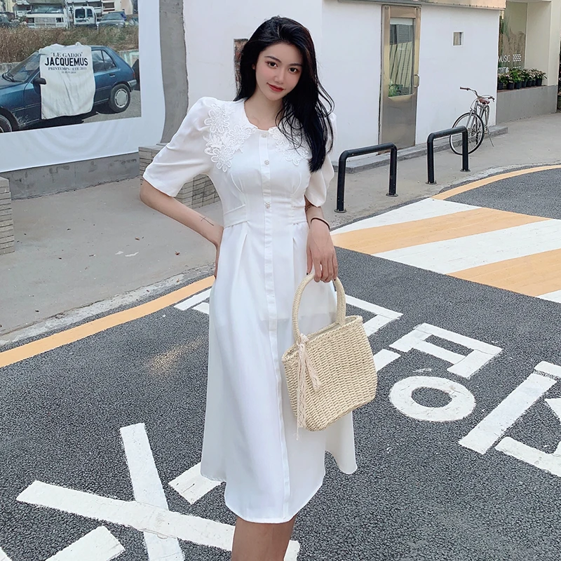 

Summer French Bubble Sleeve Dresses For Women Midi Peter Pan Collar Stitching Design Delicate Chiffon Dress
