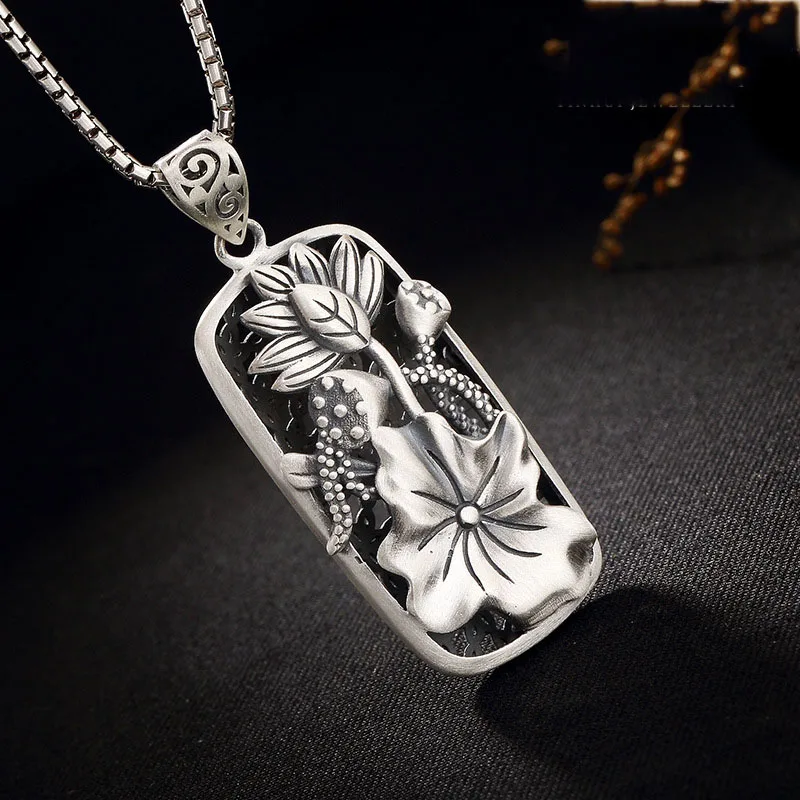 

hand-carved double lotus S925 silver pendant for Women Thai silver embossed enamel lotus leaf pendant woman's pendant Jewelry